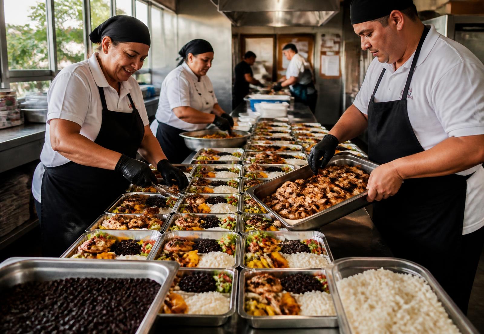 Equipo de cocina emplatando almuerzos caseros en bandejas para servicio de alto volumen